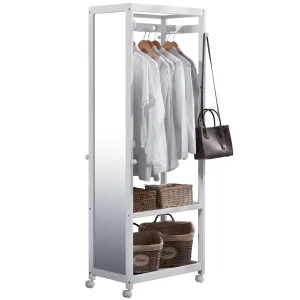 Free Standing Armoire Wardrobe Closet with Full Length Mirror, 67'' Tall Wooden Closet Storage Wardrobe with Brake Wheels,Hanger Rod,Coat Hooks,Entryway Storage Shelves Organizer-Ivory White