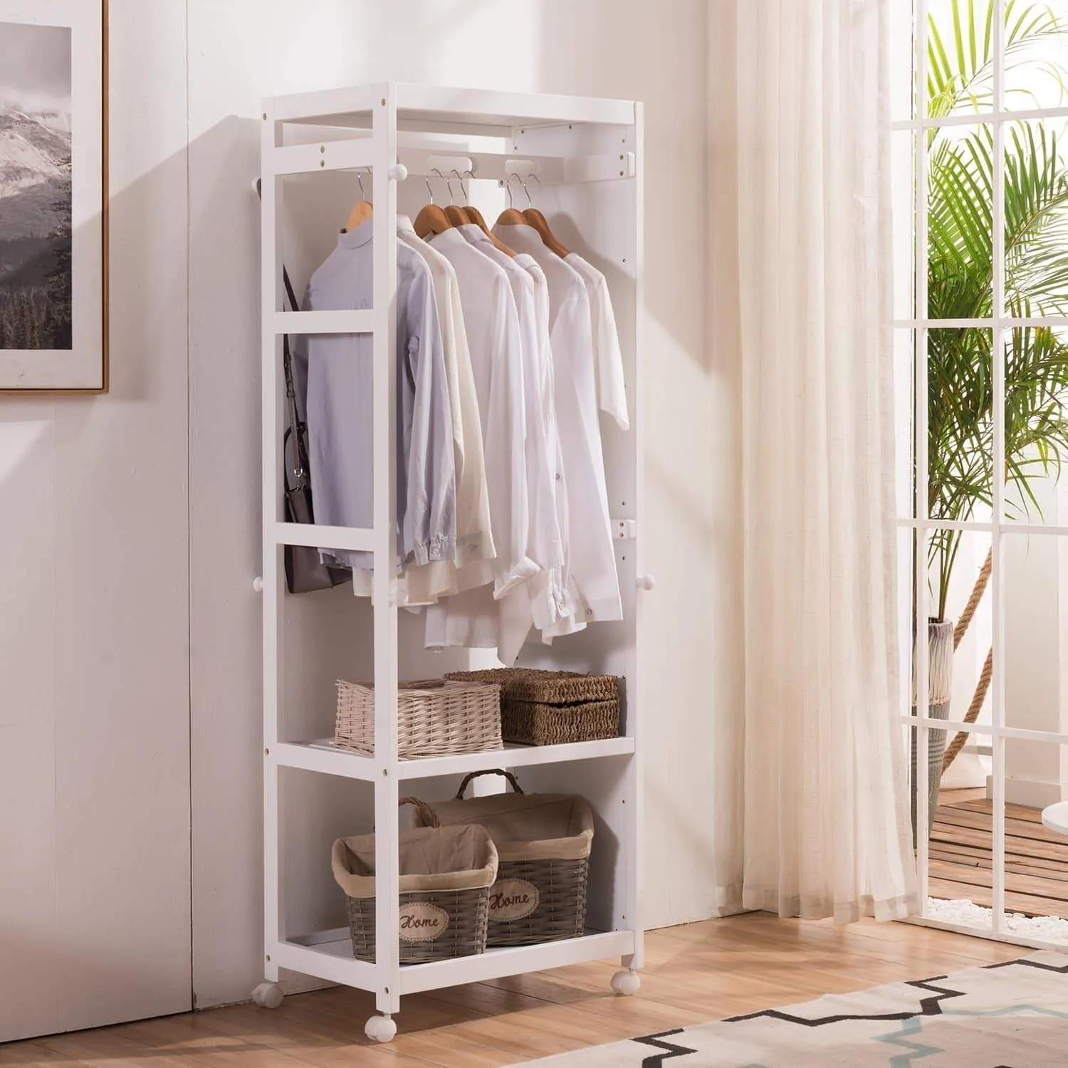 Free Standing Armoire Wardrobe Closet with Full Length Mirror, 67'' Tall Wooden Closet Storage Wardrobe with Brake Wheels,Hanger Rod,Coat Hooks,Entryway Storage Shelves Organizer-Ivory White