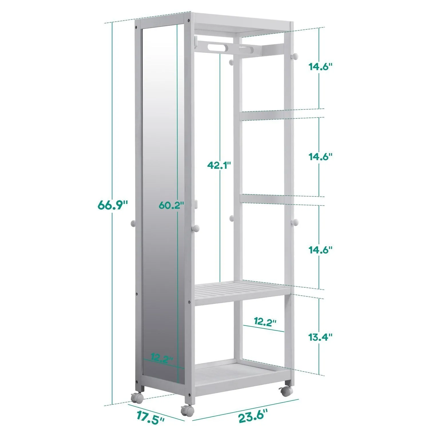 Free Standing Armoire Wardrobe Closet with Full Length Mirror, 67'' Tall Wooden Closet Storage Wardrobe with Brake Wheels,Hanger Rod,Coat Hooks,Entryway Storage Shelves Organizer-Ivory White