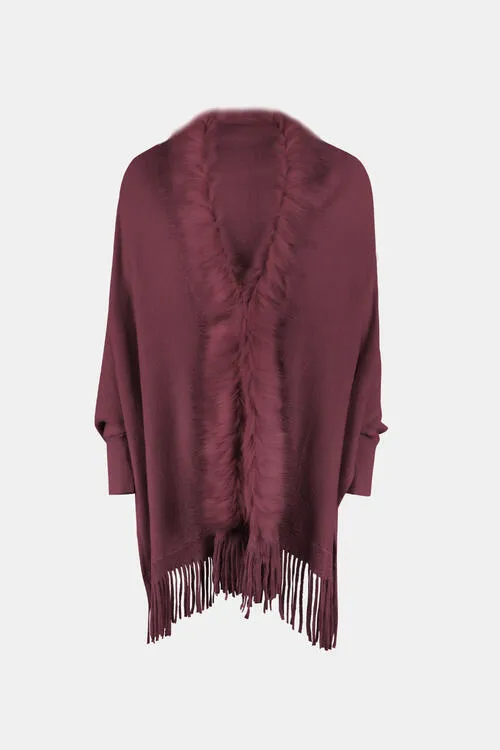 Fringe Open Front Long Sleeve Poncho (6 Colors)
