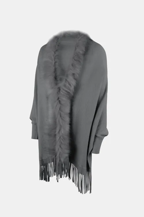 Fringe Open Front Long Sleeve Poncho (6 Colors)