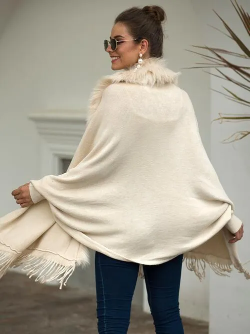 Fringe Open Front Long Sleeve Poncho (6 Colors)