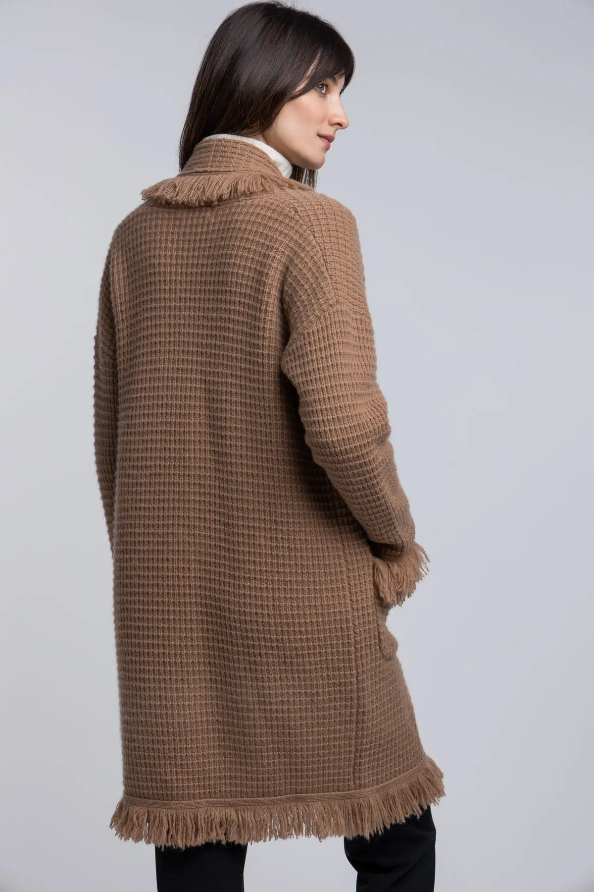 Fringe Trim Cashmere Coatigan