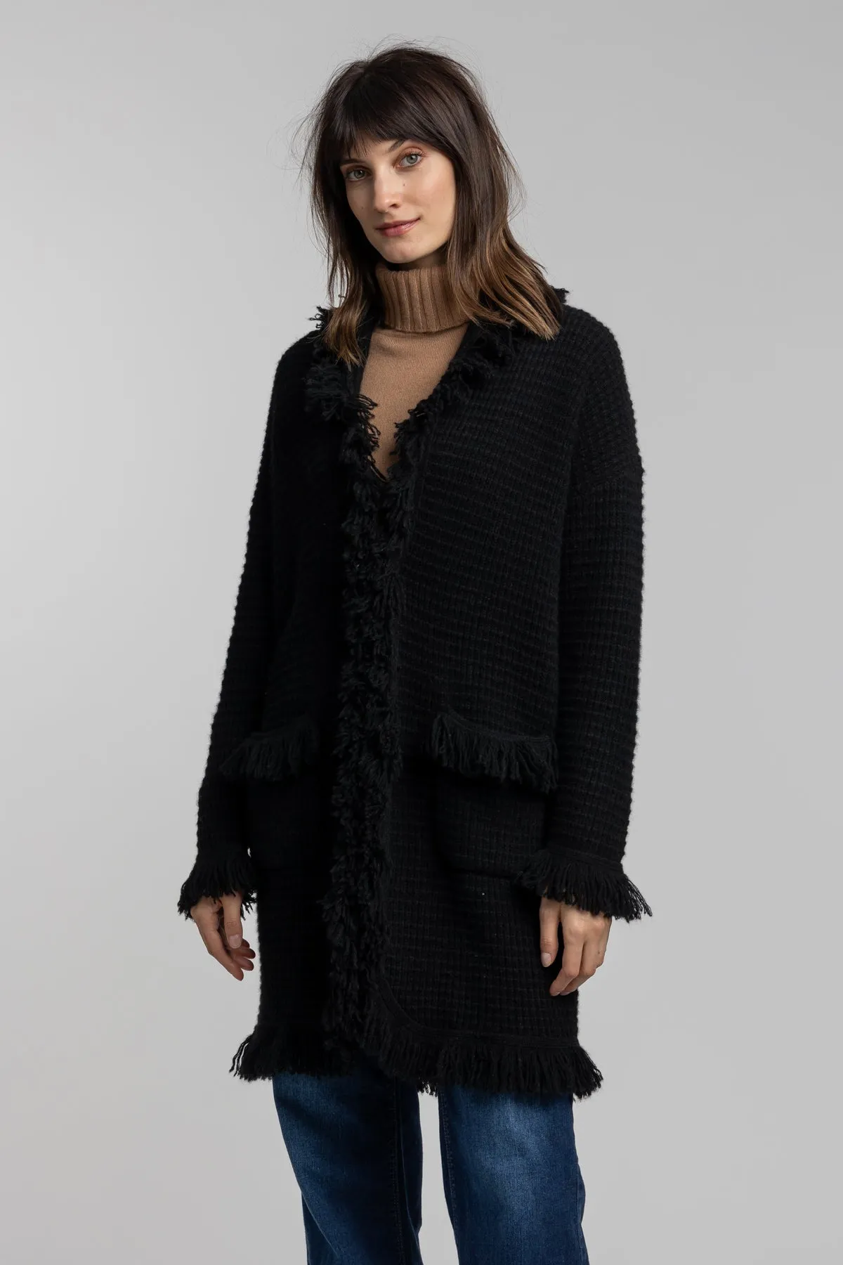 Fringe Trim Cashmere Coatigan