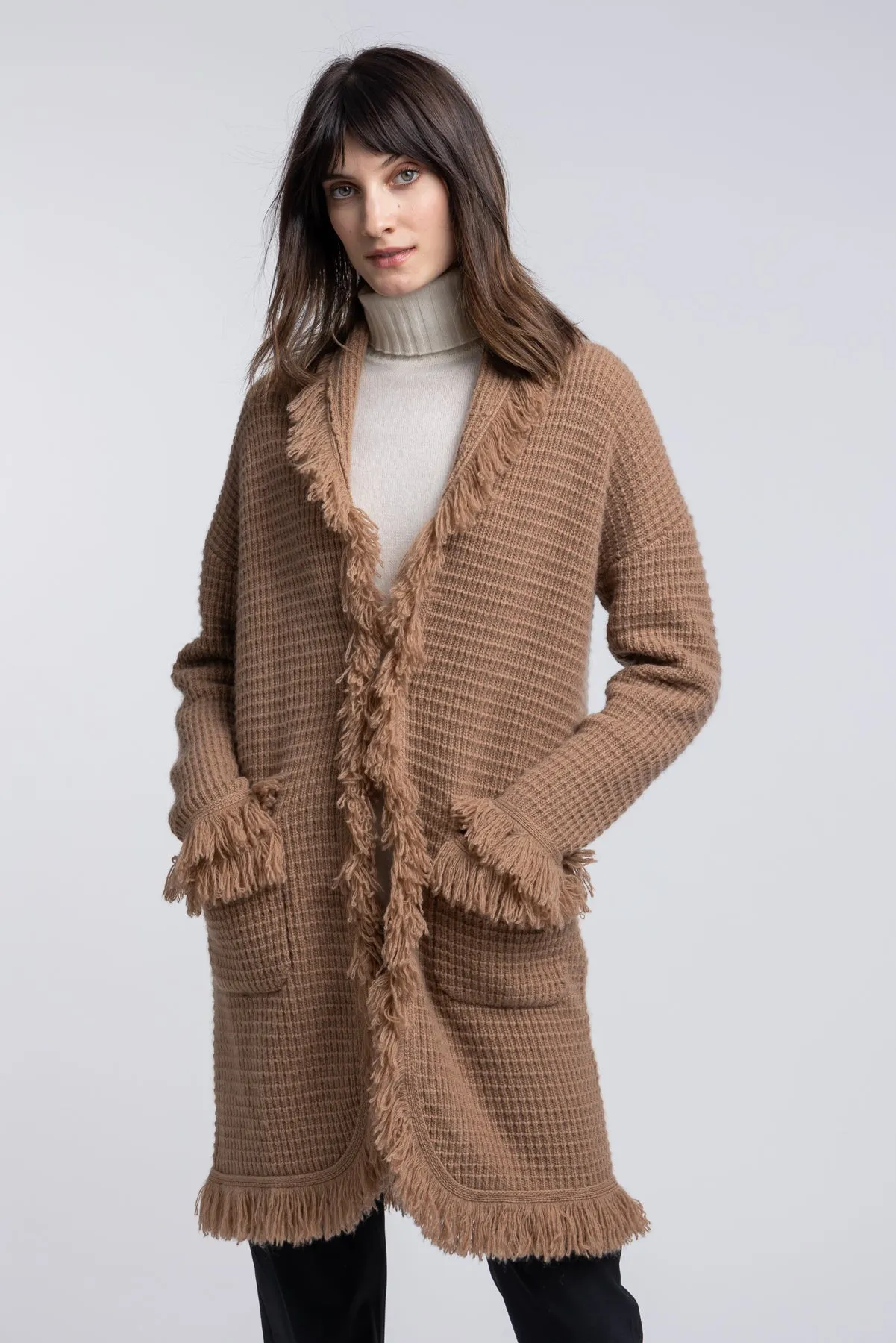 Fringe Trim Cashmere Coatigan