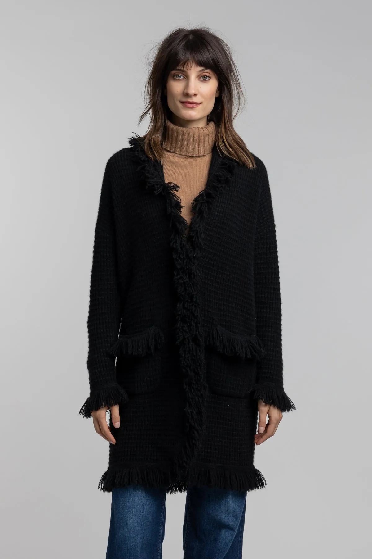 Fringe Trim Cashmere Coatigan