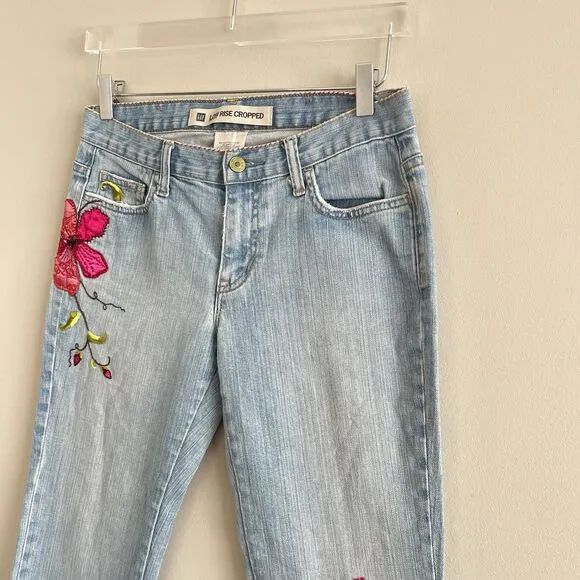 GAP Y2K Floral Butterfly Embroidery Cropped Jeans Sz 6 Low Rise kick flare Boho