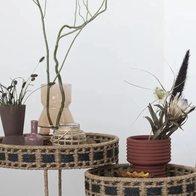 GLASS RATTAN WRAPPED TEALIGHT HOLDER WITH HANDLE VASE