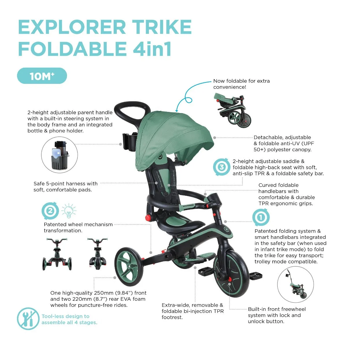 Globber Explorer Trike Foldable 4-in-1  Baby Trike & Kids Balance Bike - Taupe