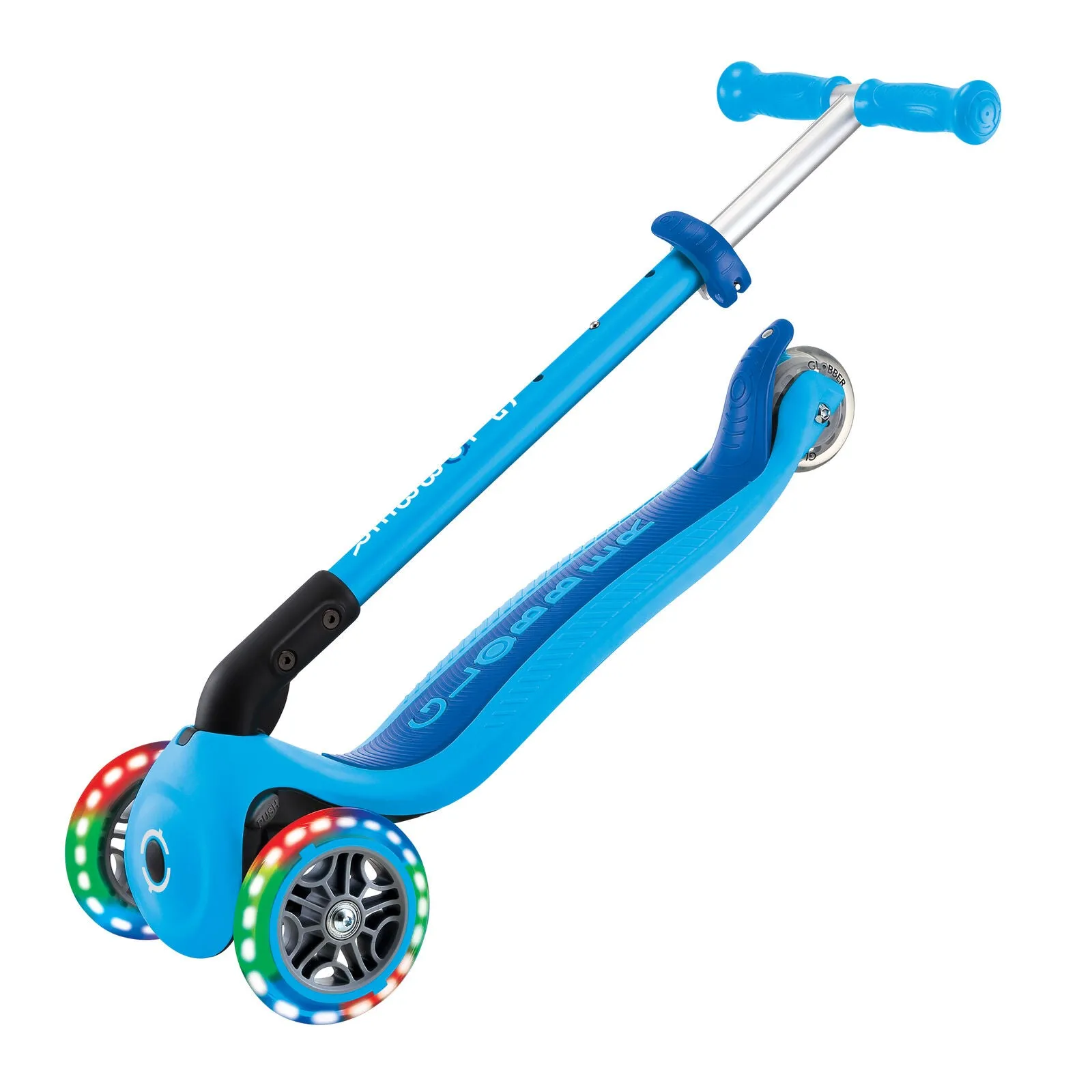 Globber Primo Foldable 3 Wheel Scooter Light Up Wheels Sky Blue/navy Blue
