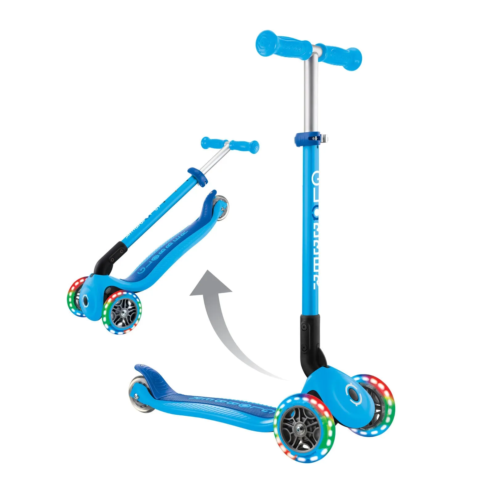 Globber Primo Foldable 3 Wheel Scooter Light Up Wheels Sky Blue/navy Blue