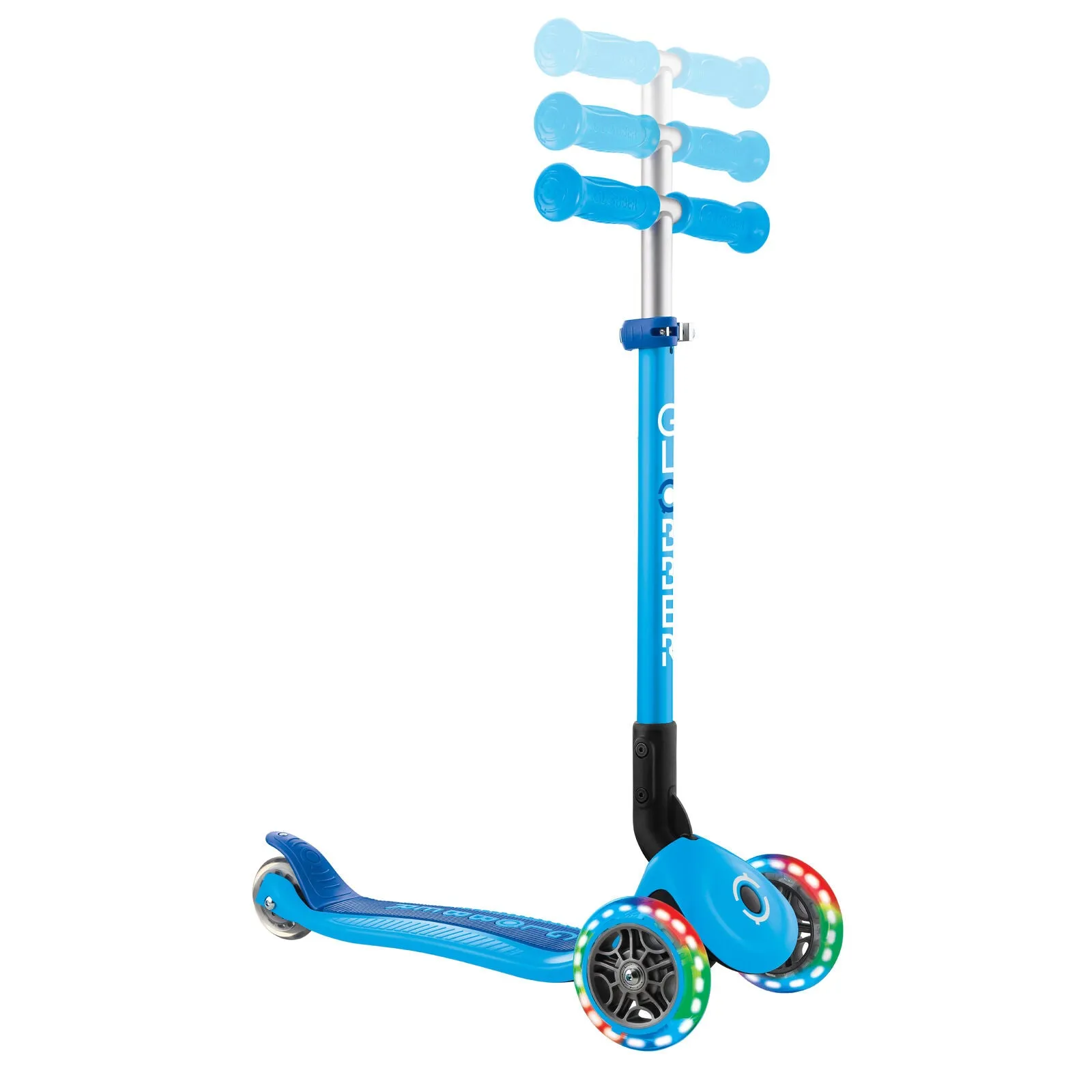 Globber Primo Foldable 3 Wheel Scooter Light Up Wheels Sky Blue/navy Blue
