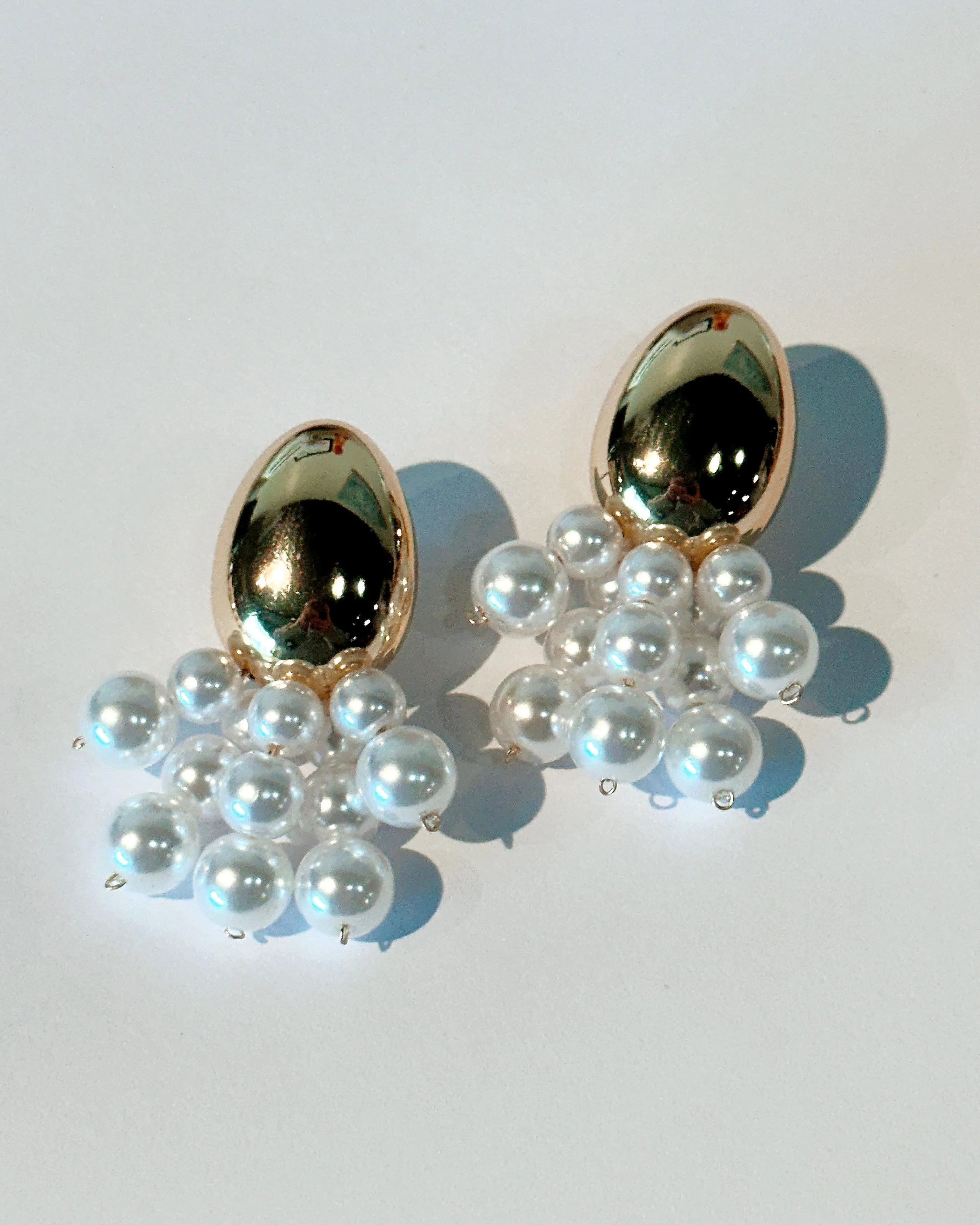 Gold Dipped Oval & Pearl Bead Fringe Dangle Earrings