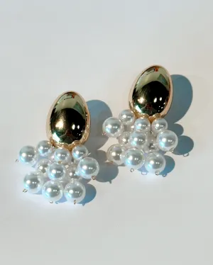 Gold Dipped Oval & Pearl Bead Fringe Dangle Earrings