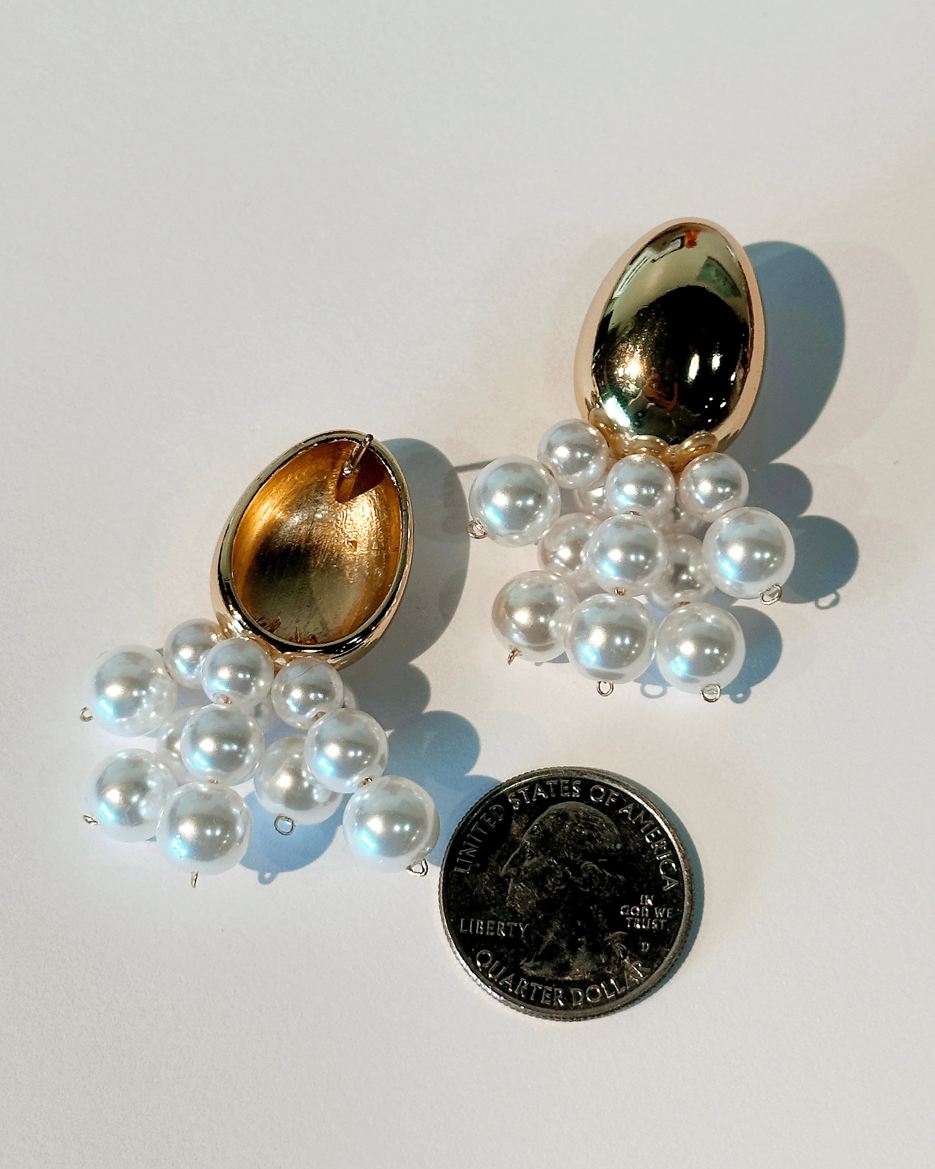 Gold Dipped Oval & Pearl Bead Fringe Dangle Earrings