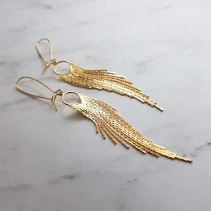 Gold Fringe Earrings - thin chain strand earring, chain dangle, v shape chain, gold chain fringe, gold chain tassel, 4" long earring, sexy