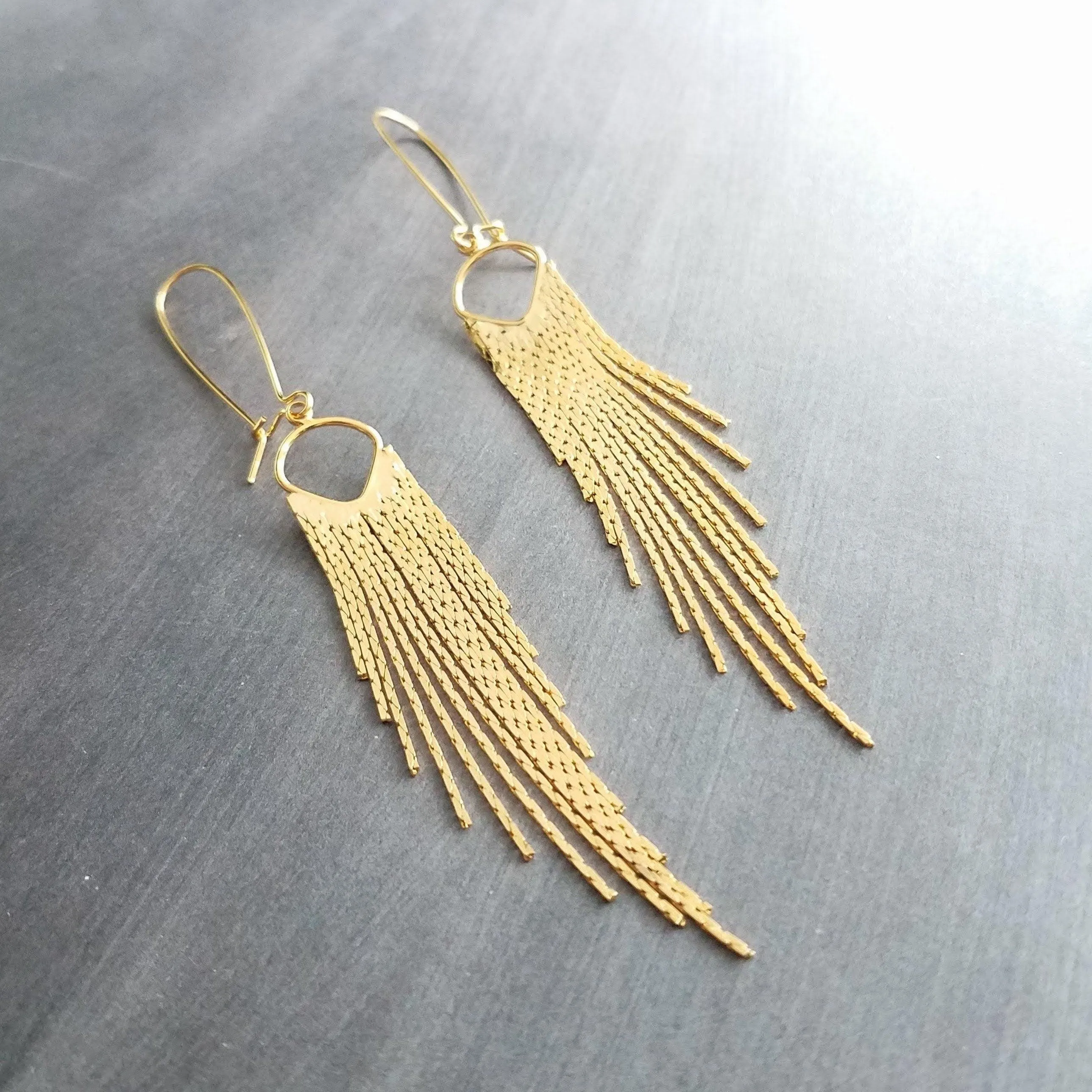 Gold Fringe Earrings - thin chain strand earring, chain dangle, v shape chain, gold chain fringe, gold chain tassel, 4" long earring, sexy