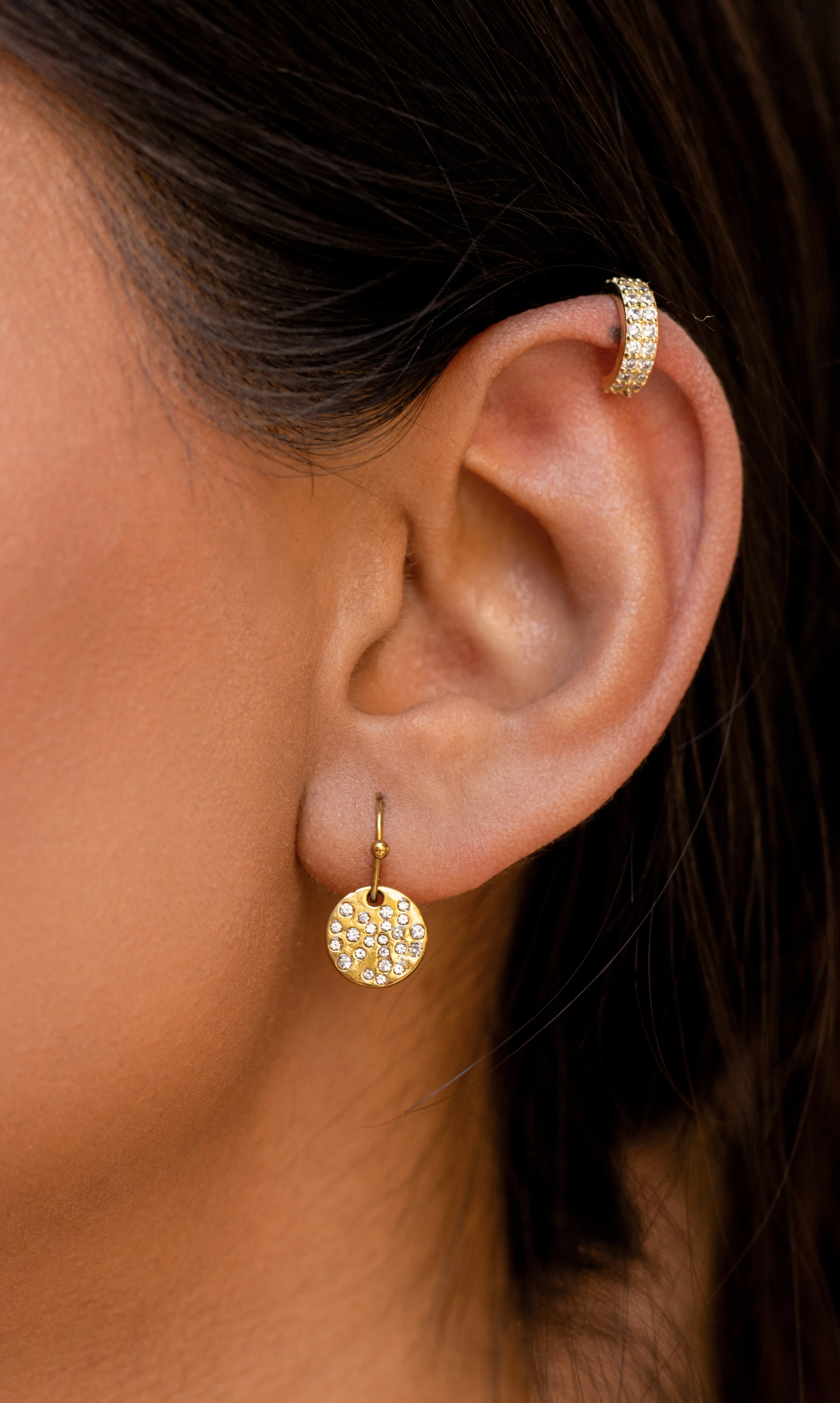 Gold or Silver Drop Hammered Disc Earrings