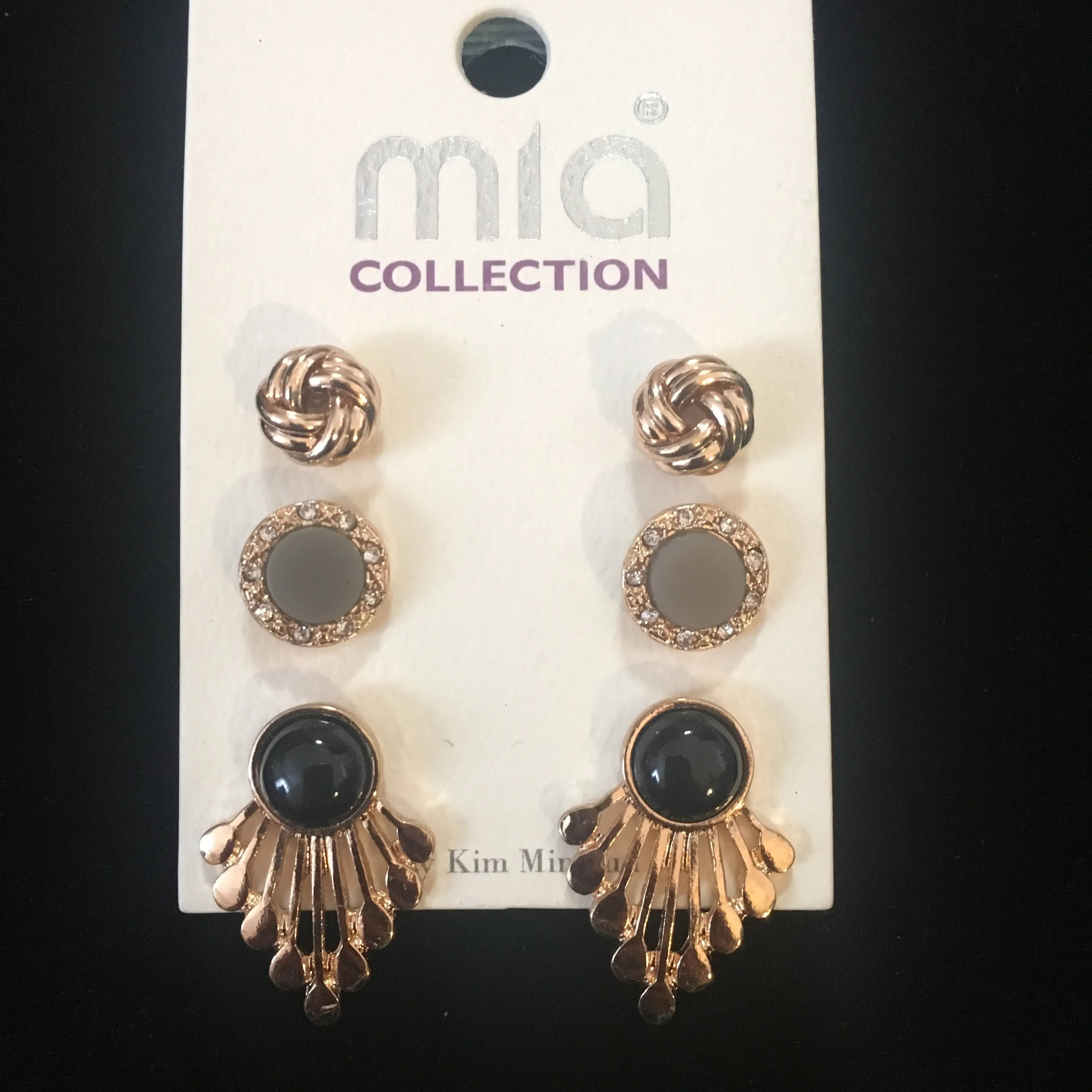 Gold Tone Earring Trio- Black & Gray