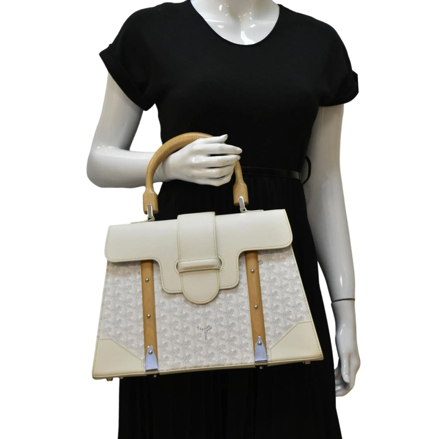 GOYARD Saigon MM Chevron Print Coated Canvas Top Handle Shoulder Bag White
