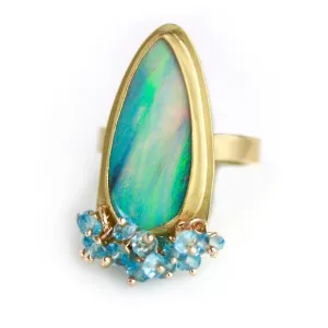 Green Flash Opal and London Blue Topaz Fringe Ring. Size 7 1/2.