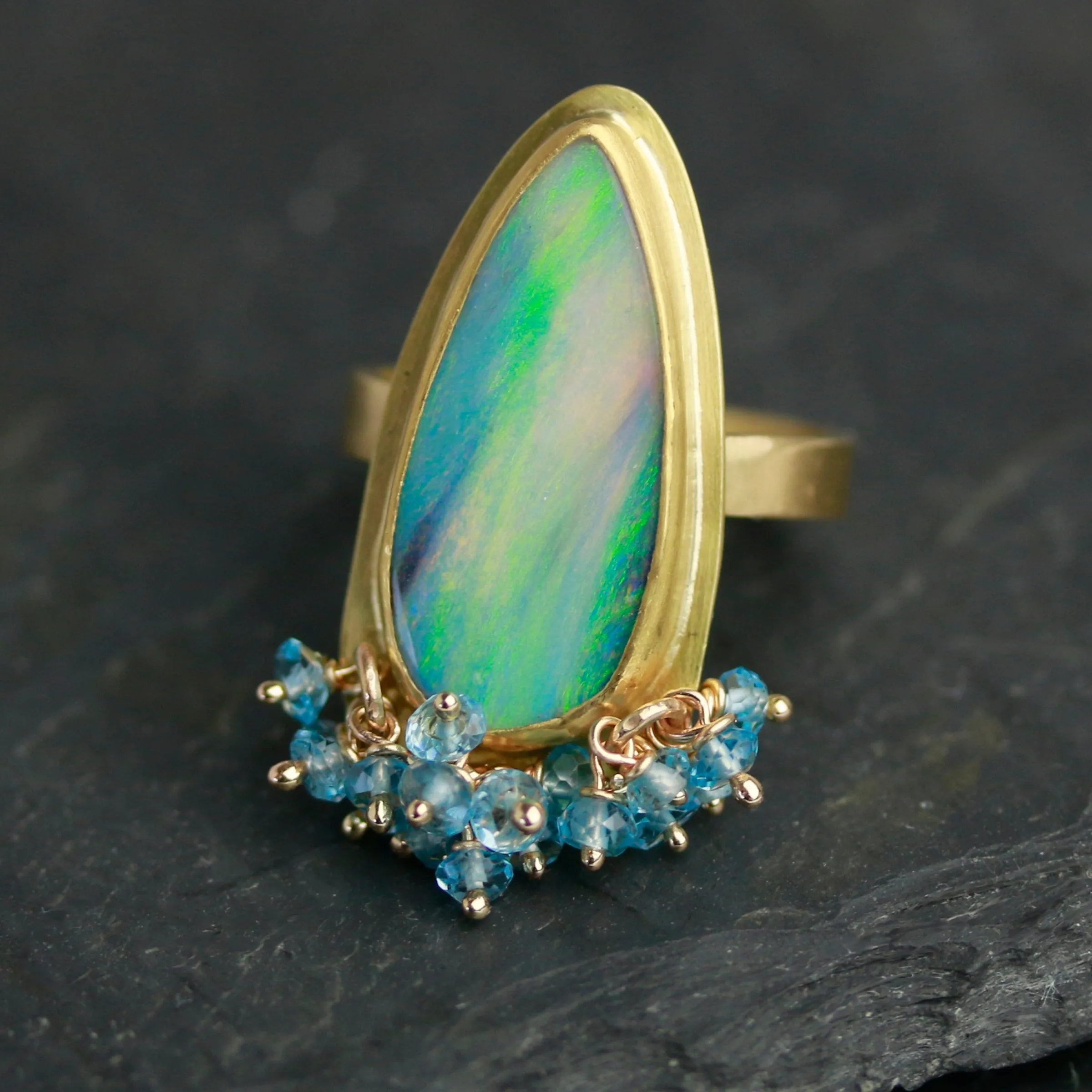Green Flash Opal and London Blue Topaz Fringe Ring. Size 7 1/2.
