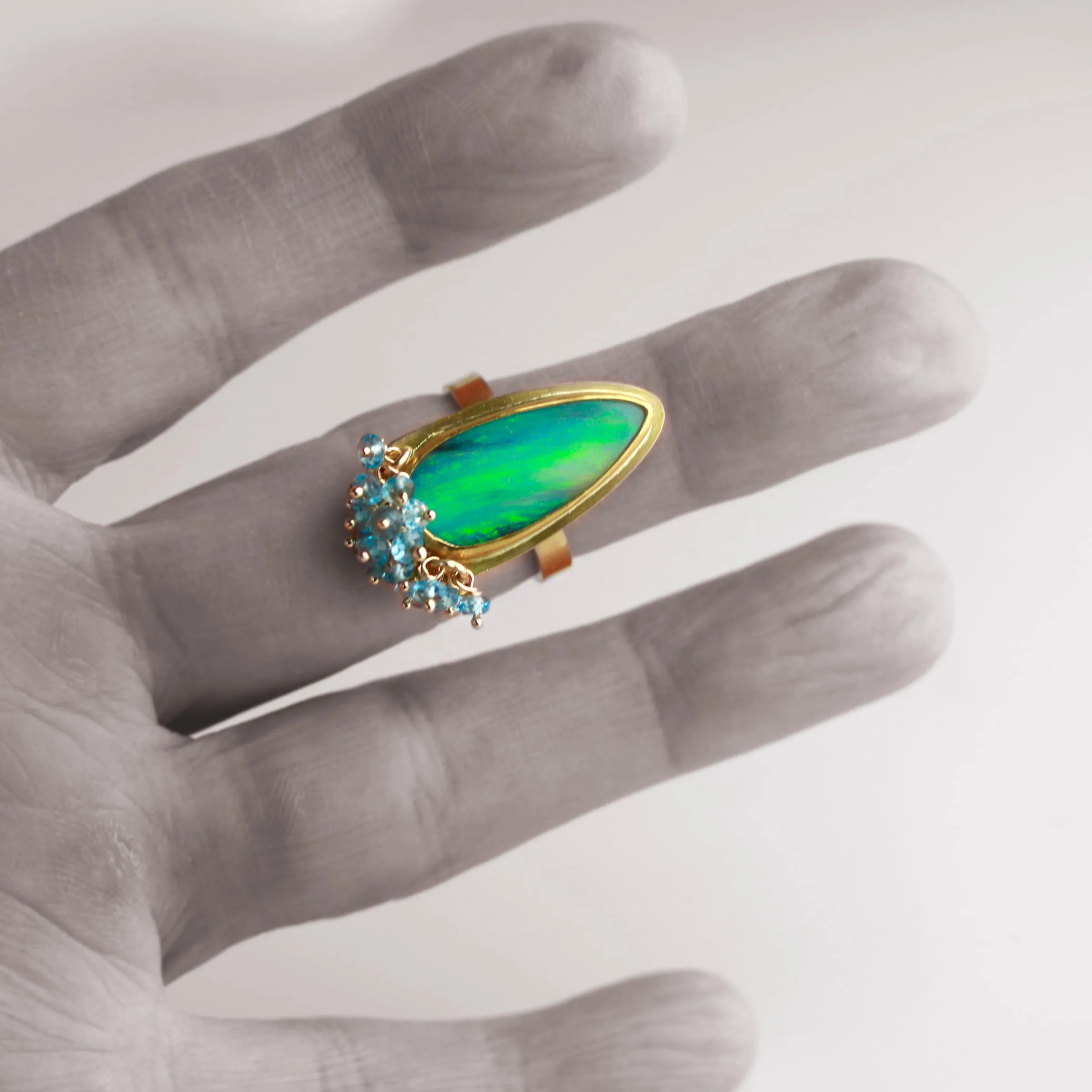 Green Flash Opal and London Blue Topaz Fringe Ring. Size 7 1/2.