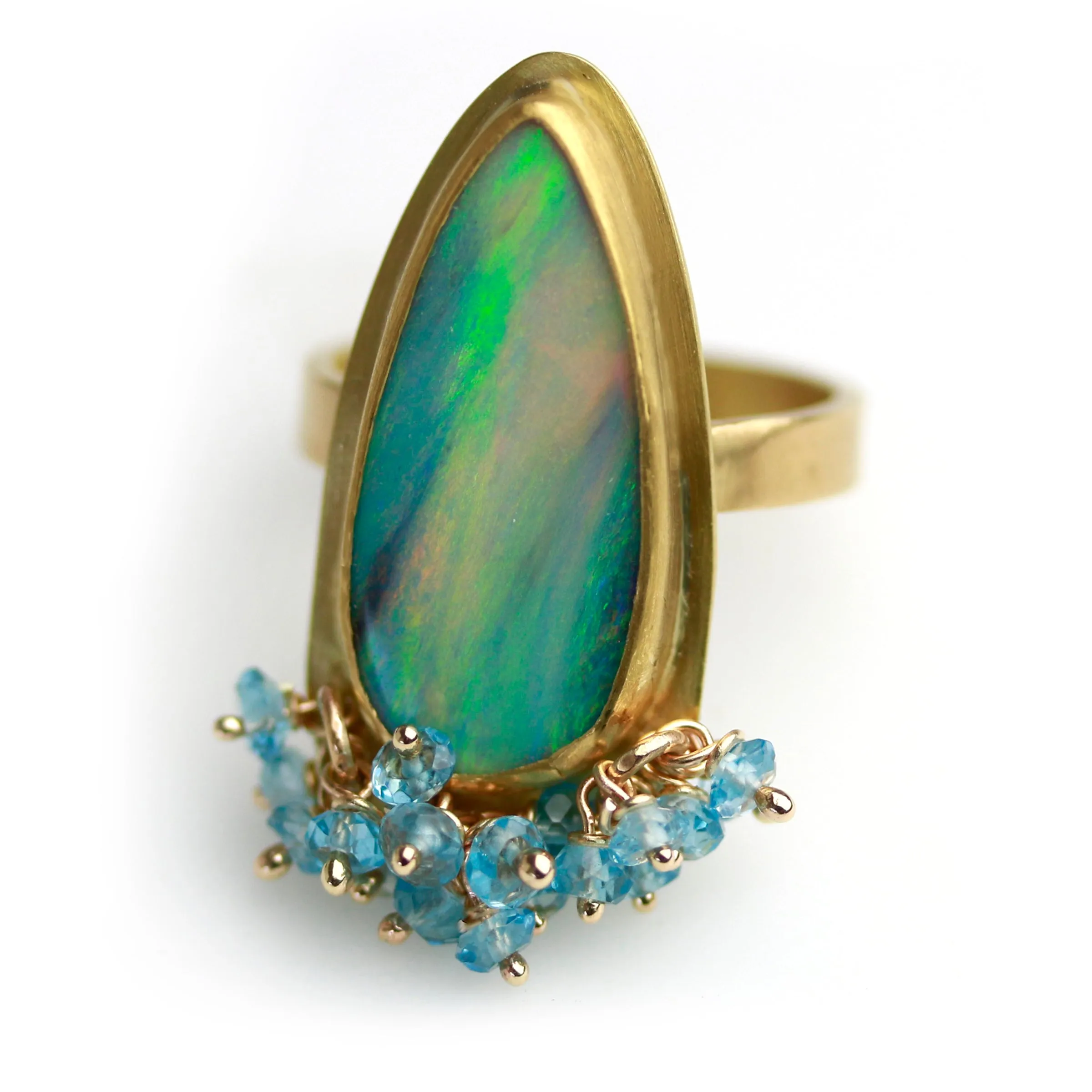 Green Flash Opal and London Blue Topaz Fringe Ring. Size 7 1/2.