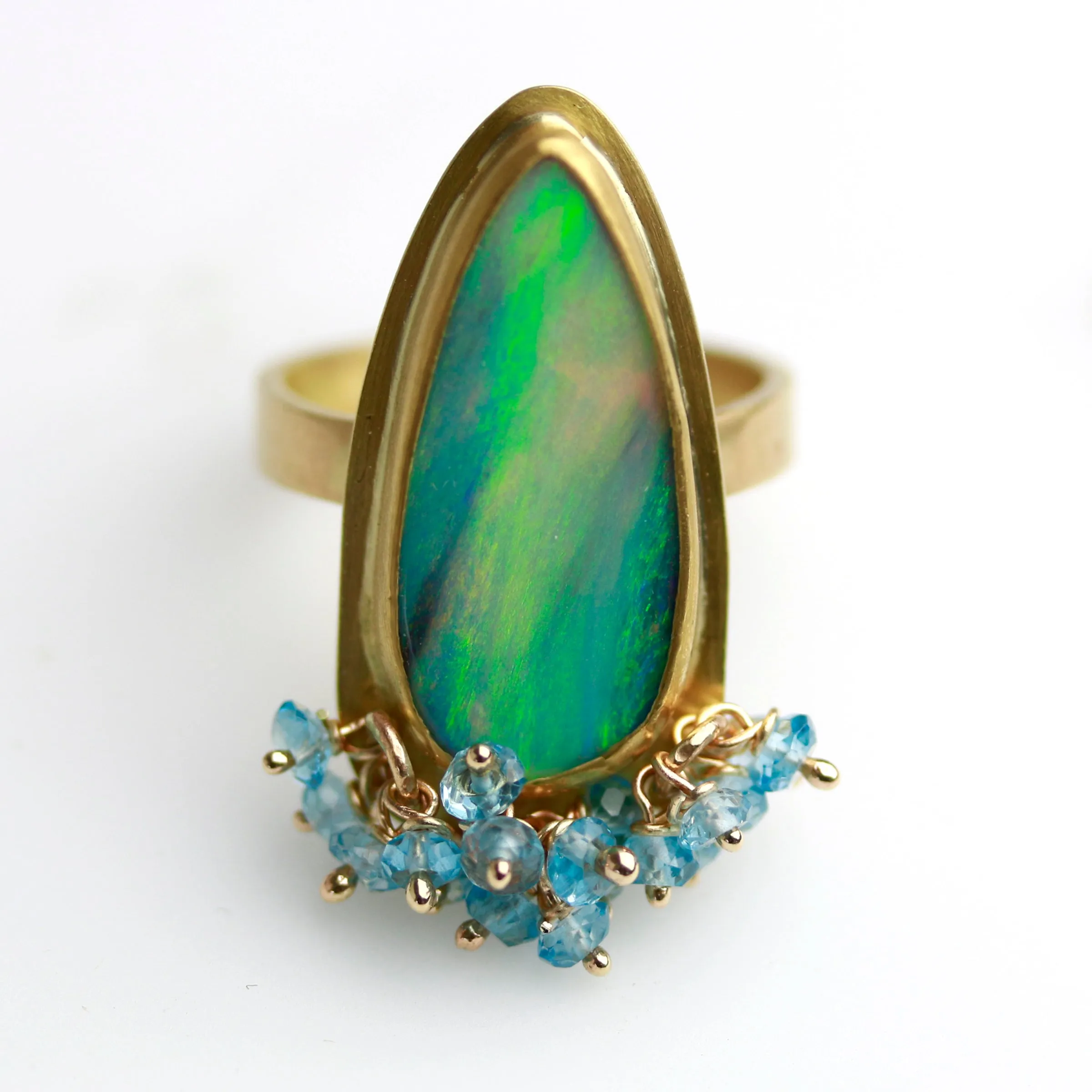 Green Flash Opal and London Blue Topaz Fringe Ring. Size 7 1/2.