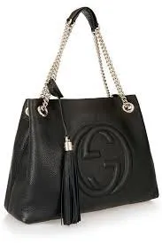Gucci Soho Medium Double Chain Shoulder Bag Leather Handbag Italy Black Gold NEW