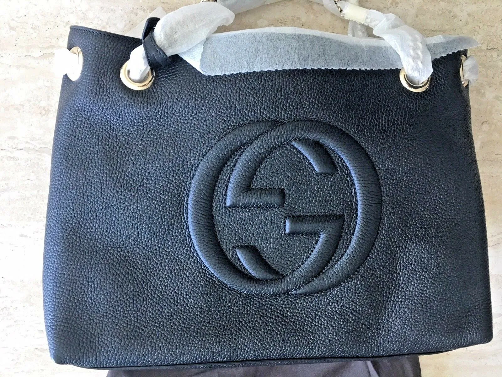 Gucci Soho Medium Double Chain Shoulder Bag Leather Handbag Italy Black Gold NEW