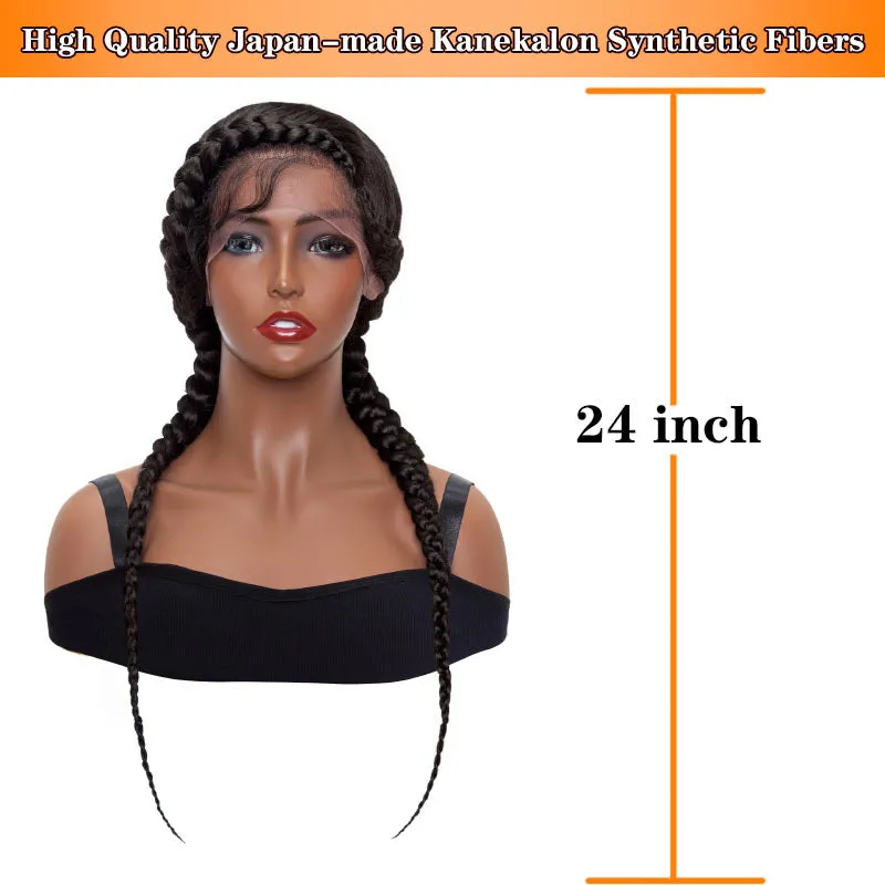 Hand-Braided Lace Front Dutch Twins Braids Wig with Baby Hair for Women Black Braid Wigs