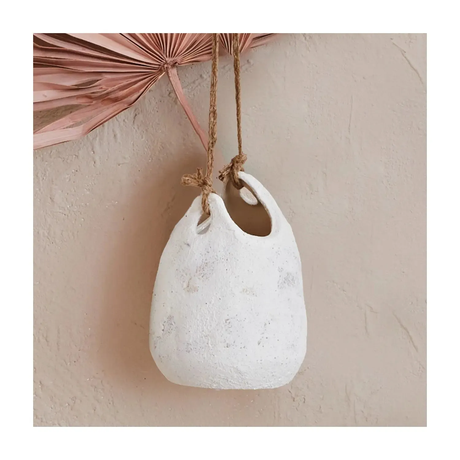 HANGING COARSE STONEWARE PLANTER W JUTE ROPE HANGER