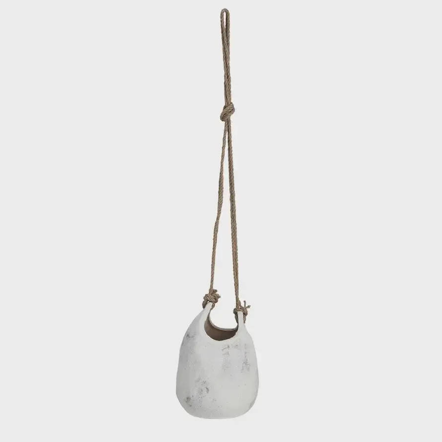 HANGING COARSE STONEWARE PLANTER W JUTE ROPE HANGER