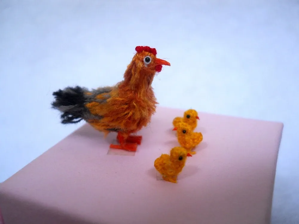 Hen And Yellow Chicks  - Micro Crocheted Chicken Family - Made To Order
