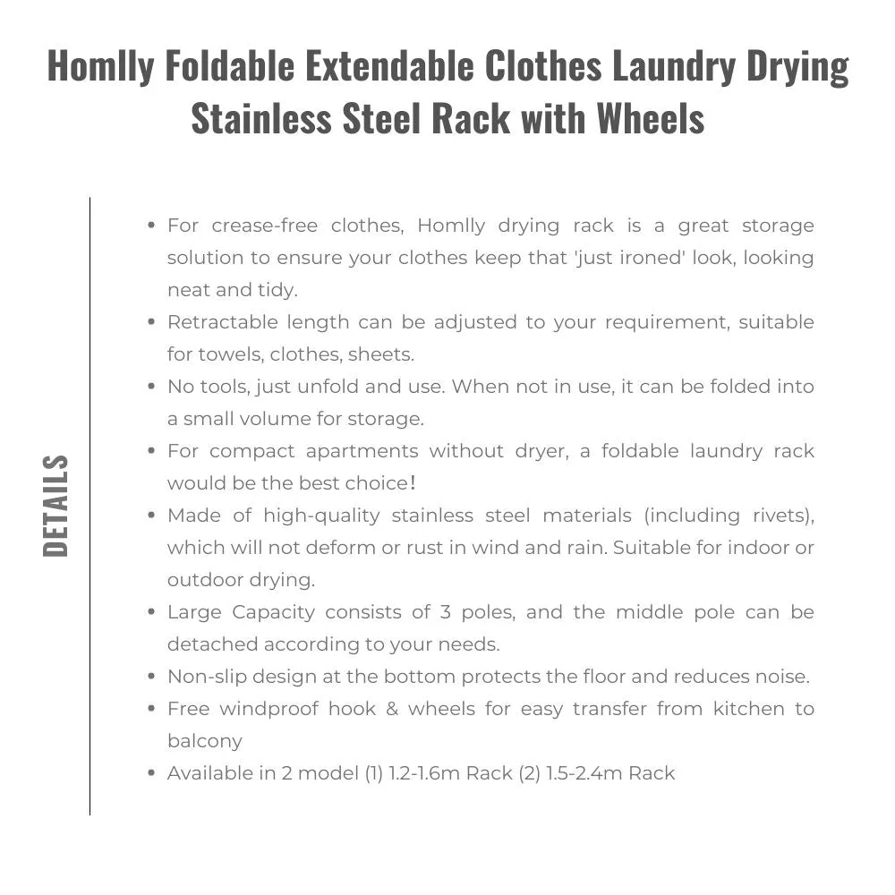 Homlly Foldable Extendable Clothes Laundry Drying Stainless Steel Rack with Wheels