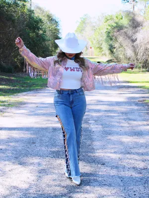 Howdy Go Lucky Iridescent Sequin Fringe Jacket, Rose Gold