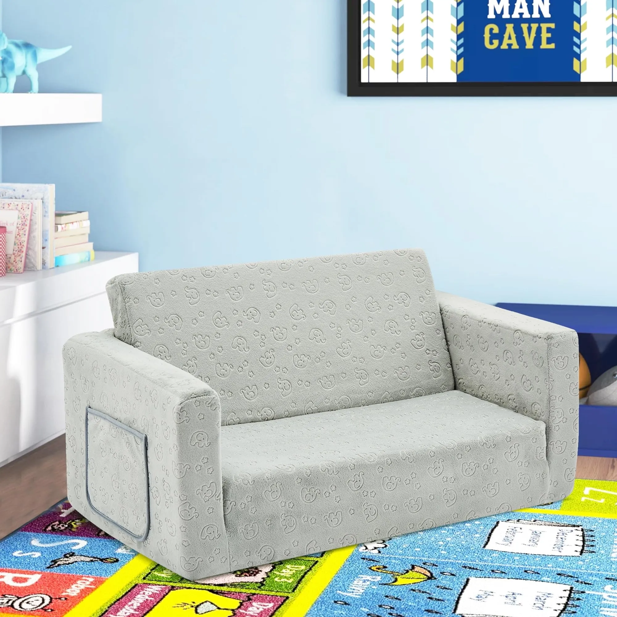 Kids Fold Out Couch 2-in-1 Children Convertible Sofa to Lounger Grey