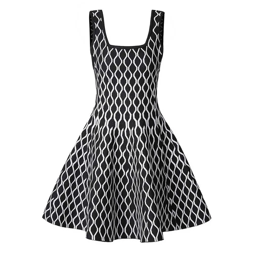 Knitted Mini Little Two-Tone Dress Square-Neck Sleeveless Slim Fit Short A-Line Dress