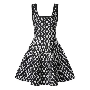 Knitted Mini Little Two-Tone Dress Square-Neck Sleeveless Slim Fit Short A-Line Dress