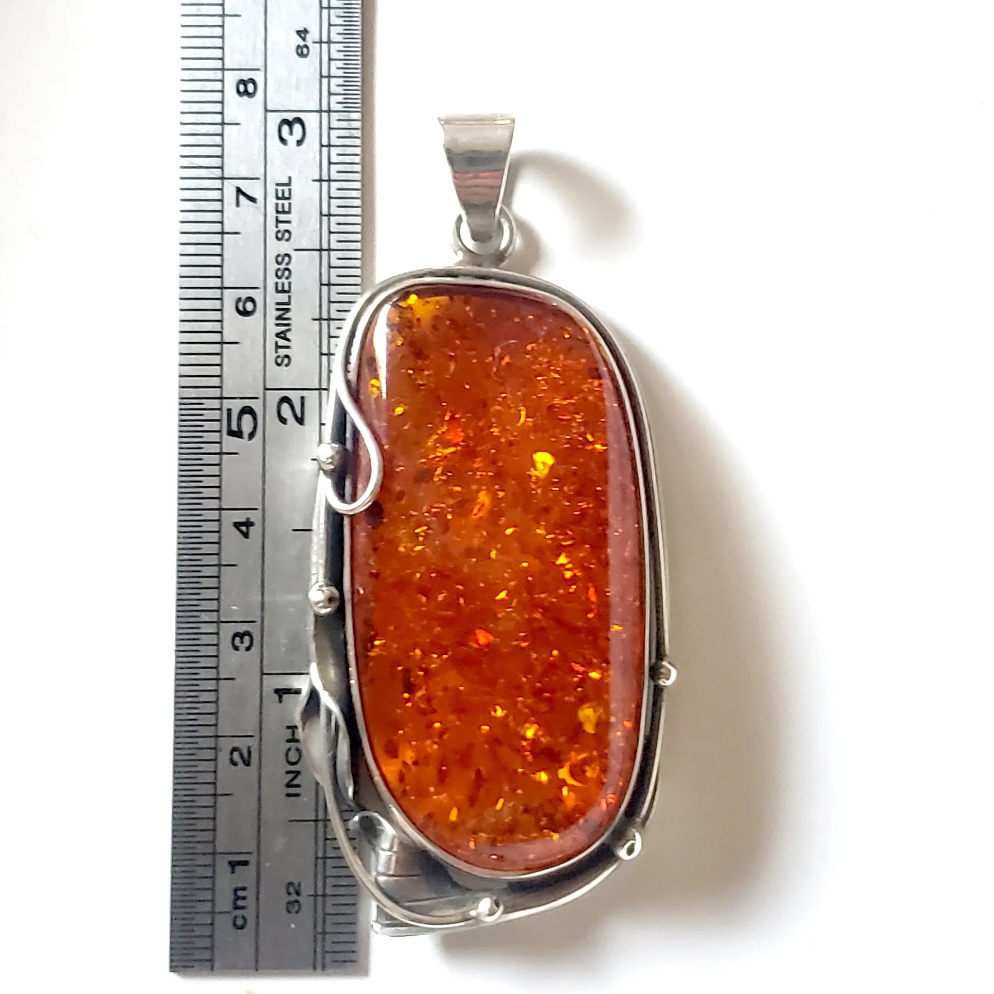 Large Cognac Natural Amber Sterling Silver Pendant
