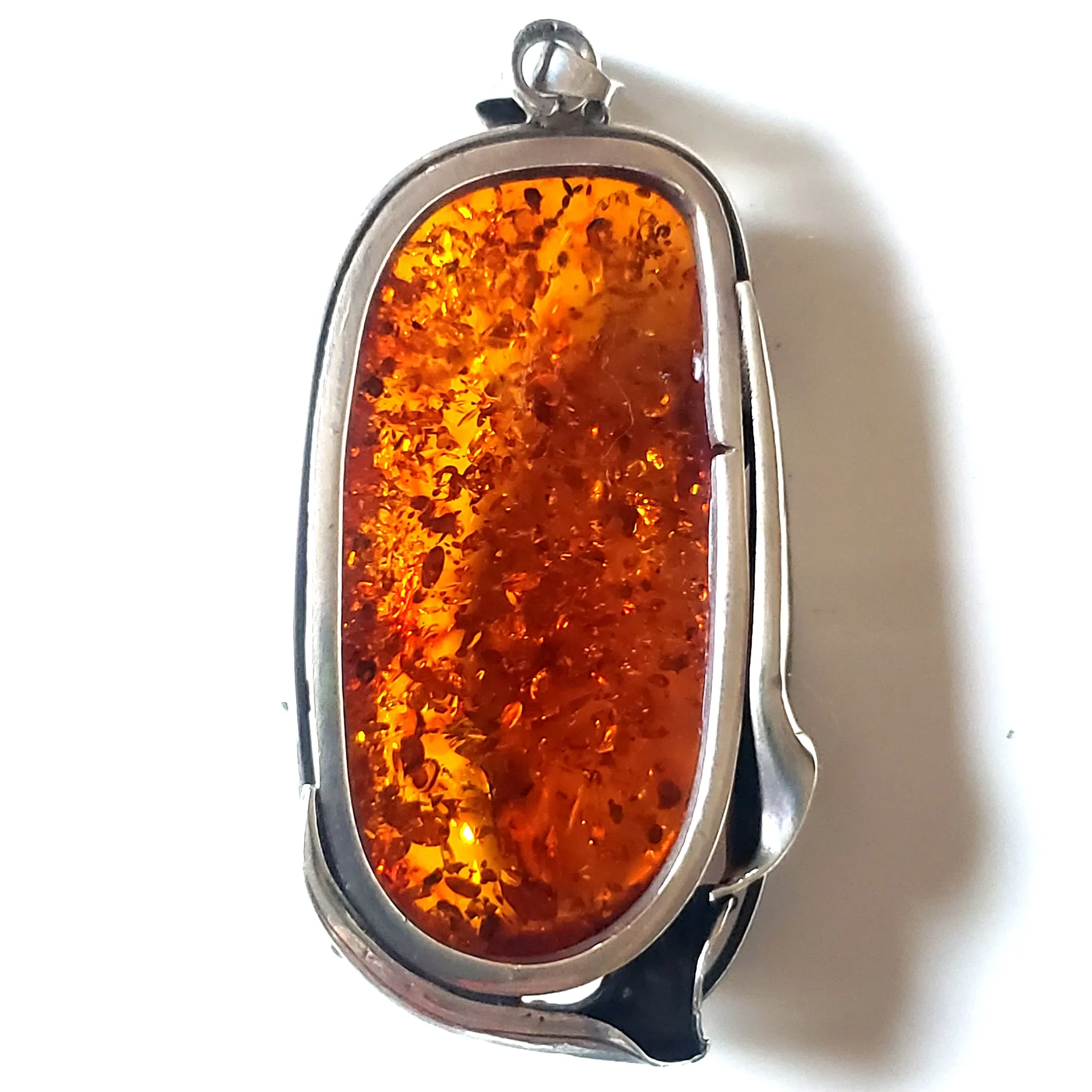 Large Cognac Natural Amber Sterling Silver Pendant