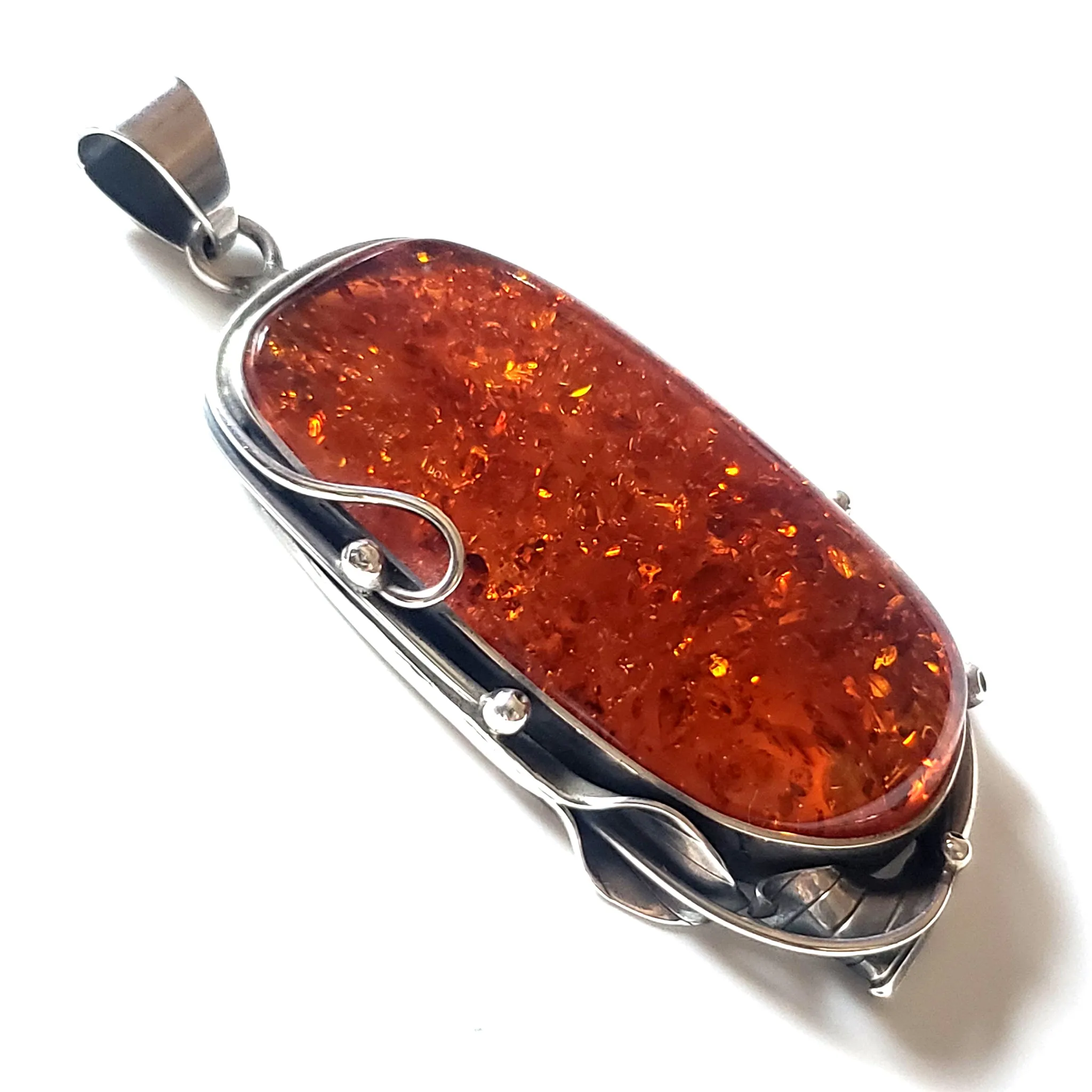 Large Cognac Natural Amber Sterling Silver Pendant