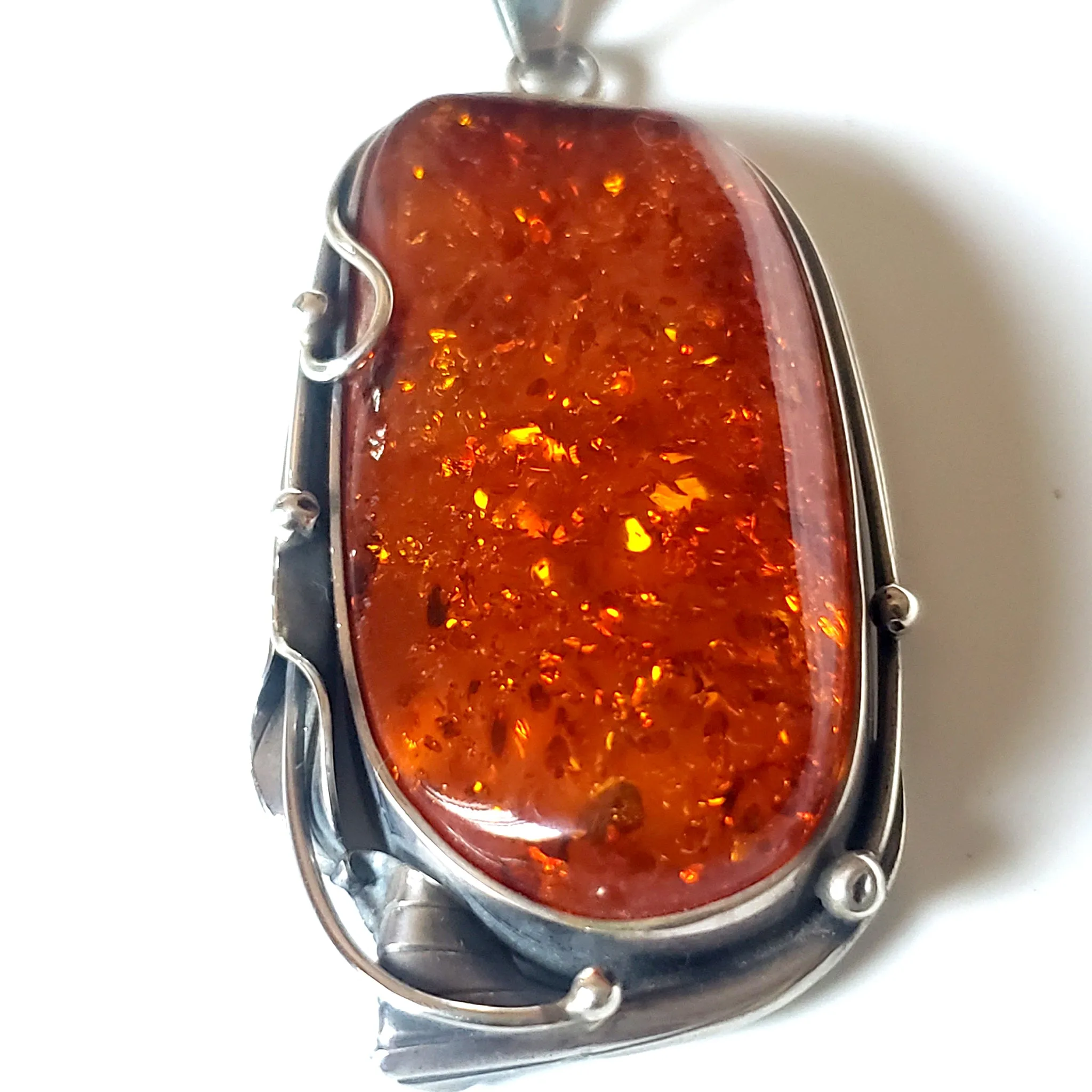 Large Cognac Natural Amber Sterling Silver Pendant