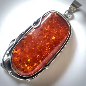 Large Cognac Natural Amber Sterling Silver Pendant