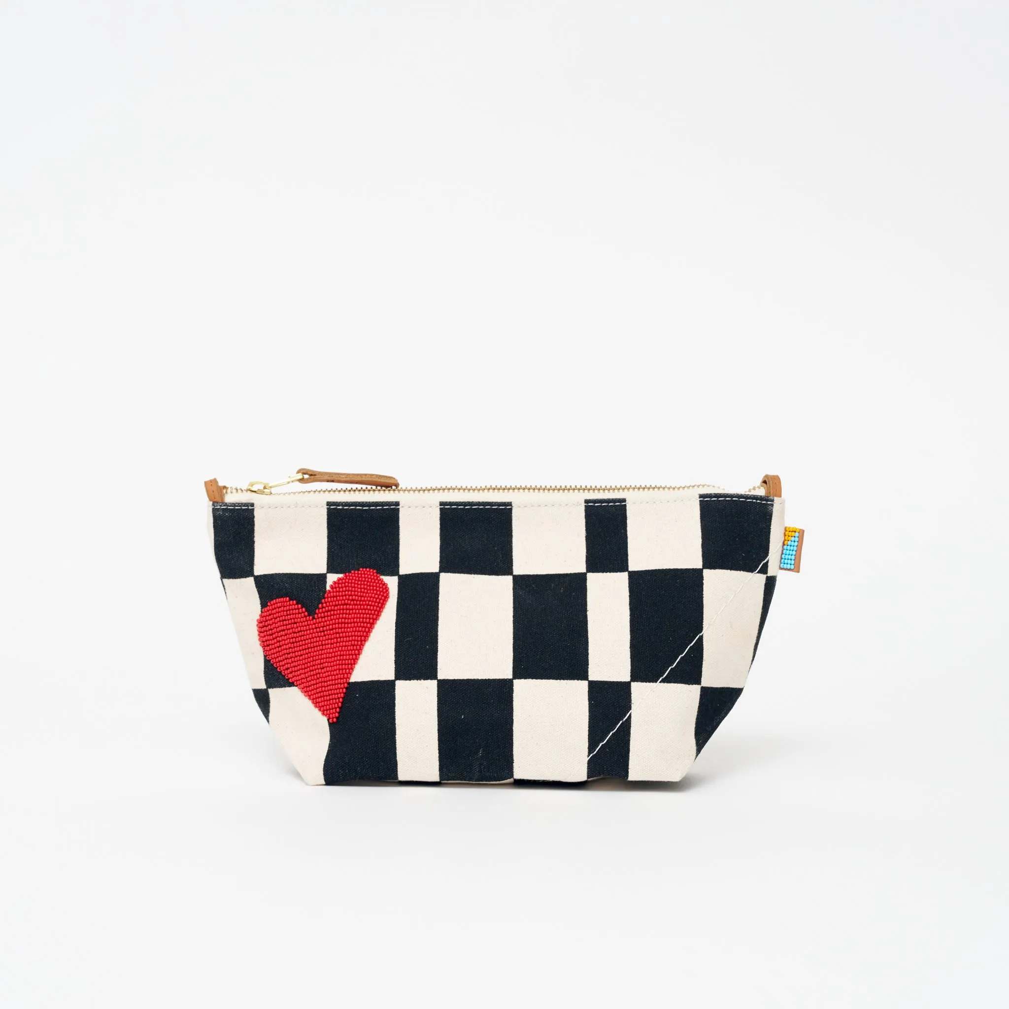 Large Convertible Pouch - Black Checker with Red Beaded Heart