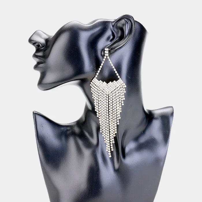 Large Rhinestone Statement Pageant Fringe Earrings on Gold | 407530