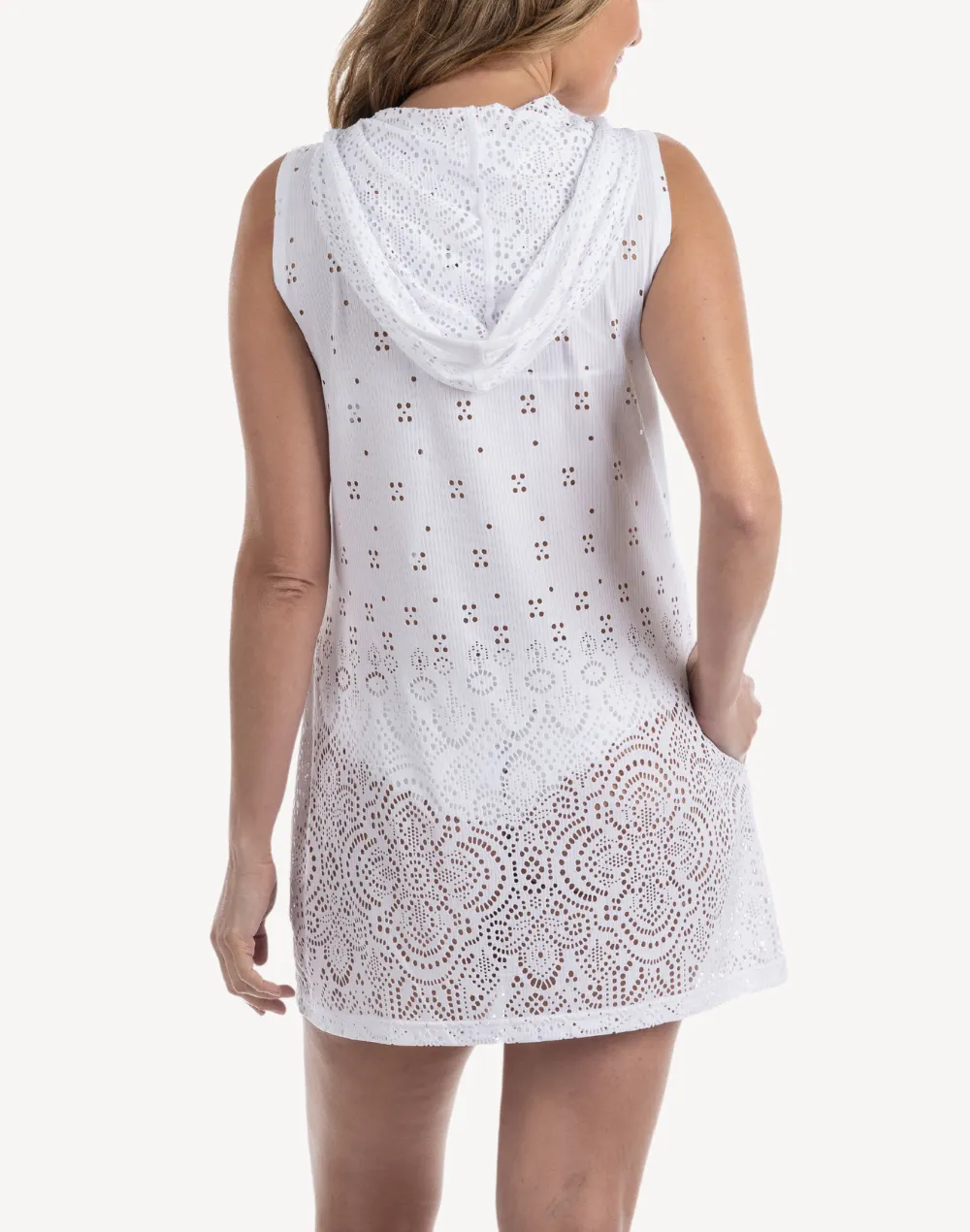 Laser Cut Sleeveless Zip Up Cover Up