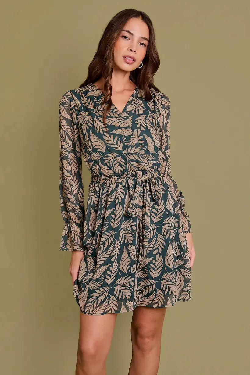 LONG SLEEVE SURPLICE ABSTRACT DRESS