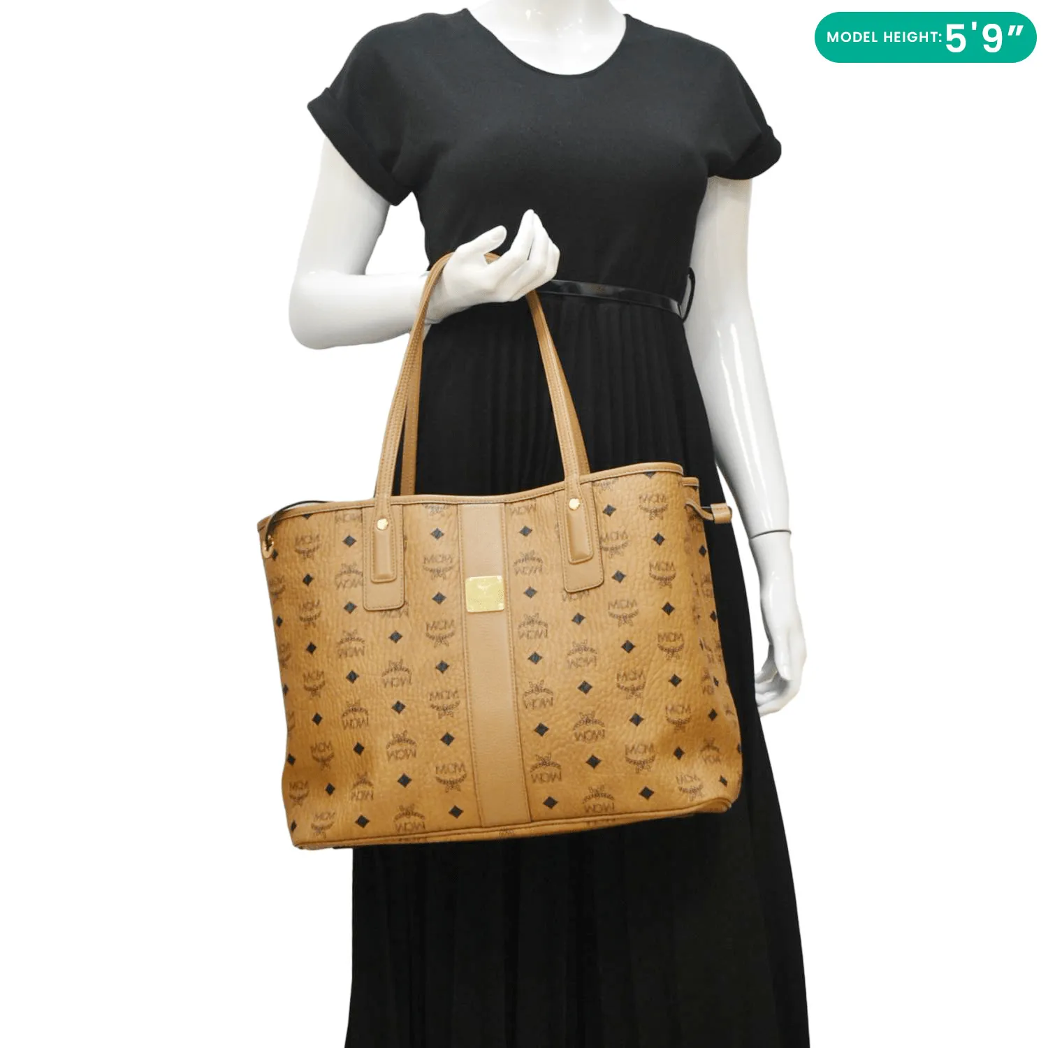 MCM Reversible Liz Medium Visetos Canvas Shopper Tote Bag Cognac
